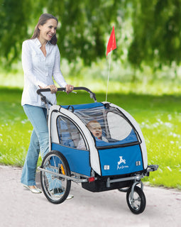 2-IN-1Foldable Double Baby Bike Trailer Child Carrier Stroller, Blue