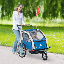 2-IN-1Foldable Double Baby Bike Trailer Child Carrier Stroller, Blue