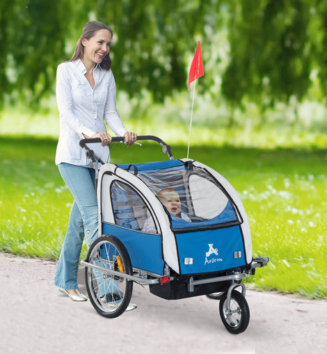 2-IN-1Foldable Double Baby Bike Trailer Child Carrier Stroller, Blue